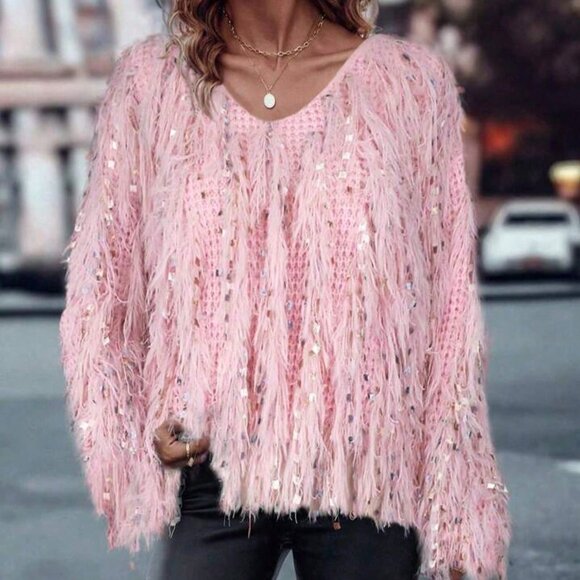 Pink Casual Women's V-Neck Fringe Sequin Knit Sweater - Picture 5 of 6